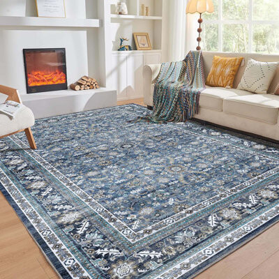 Vintage Blue Area Rugs 5X7, 5 X 7 Retro Washable Rug Non Slip, Low-Pile Faux Wool Carpet, Soft Distressed Navy Floor Mat For Living Room, Bedroom, Kit