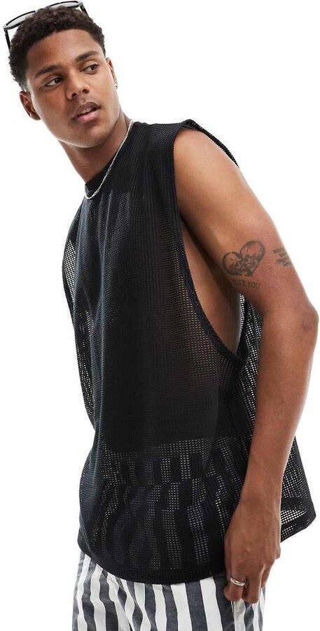 ASOS DESIGN oversized tank vest in black open mesh ShopStyle Shirts