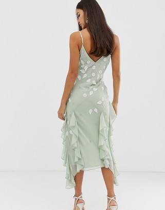 ASOS DESIGN strappy midi dress with ruffles and 3D embellishment