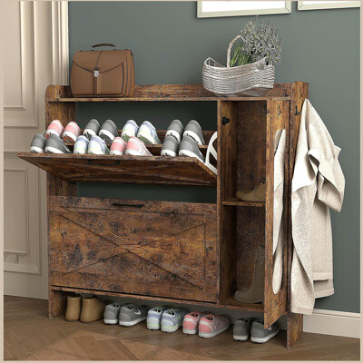 Latitude Run Shoe Storage Cabinet with 2 Flip Drawers Freestanding Organizer with Metal Legs for Entryway Narrow Shoe Rack Cabinet
