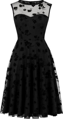 IWEMEK Women Mesh Floral Embroidery 50s Vintage Cocktail Swing Dress Illusion Sleeveless Black Goth Gothic Mini Dress Fitted Flared A line Casual Wedding Formal Evening Prom Skater Dress Black-Flower M