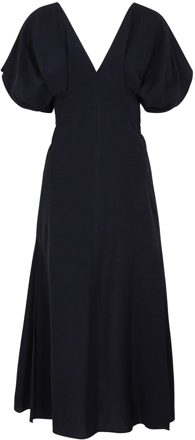 navy pleated midi dress