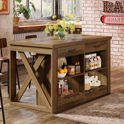 TribeSigns 55" Farmhouse Kitchen Island with Storage, Stationary Island Table with 2 Drawers and Open Shelf