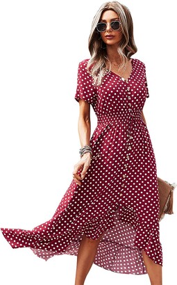 Famulily Womens Vintage Polka Dot V Neck Midi Dress 