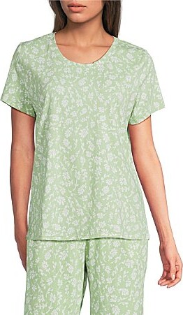 Green Sprig Print Short Sleeve Scoop Neck Knit Coordinating Sleep Top