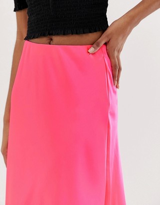New Look satin midi skirt in neon pink
