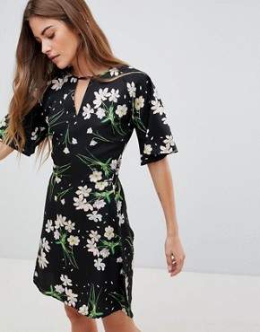 Daisy Street Dress with Split Neck Detail in Blossom Print