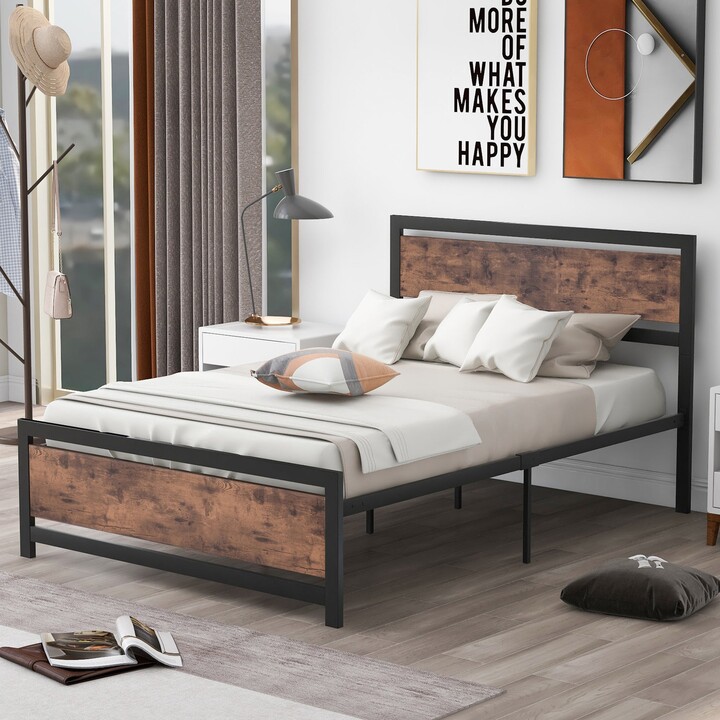 Metal And Wood Bed Frame With Headboard, Queen Size Metal And Wood Bed Frame
