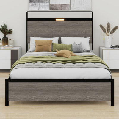 Platform Bed Frame With LED Light Headboard And USB
