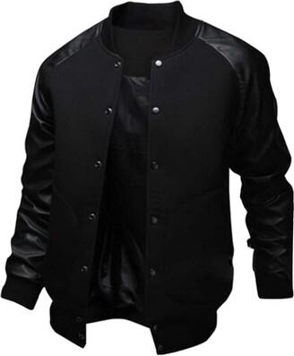 Chuengyu Men's Fashion Splicing Leather Sleeve Baseball Varsity Bomber  Jacket(Black - ShopStyle Jackets