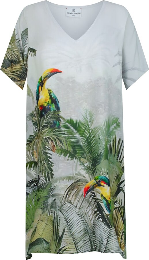 Dhara Sheth Dubai Green / Grey Wild Wings Bird In The Jungle Printed Short Kaftan Dress - Green & Multicolor