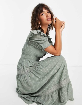 ASOS DESIGN wrap front lace insert dobby midi tea dress in sage