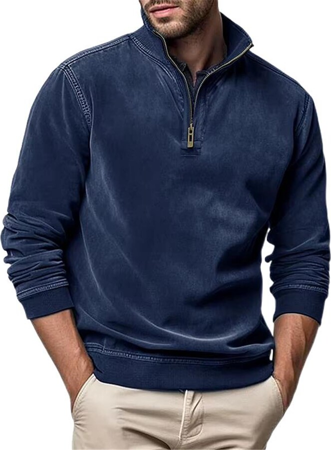 LISHIREN Men's Sweatshirt Neck Pullover Half Zip Ribbed Collar Top-Royal Blue08-Large