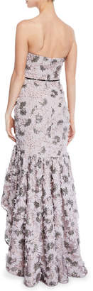 Aidan Mattox Strapless Petal Embroidered High-Low Gown w/ Flounce Hem