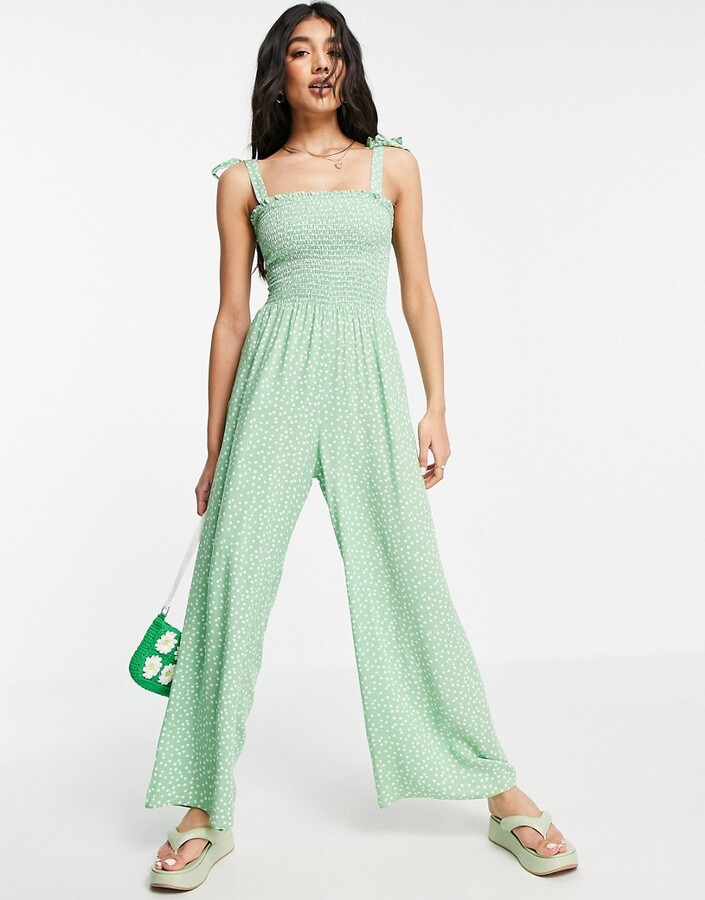 New Look tie strap shirred jumpsuit in khaki polka dot - ShopStyle
