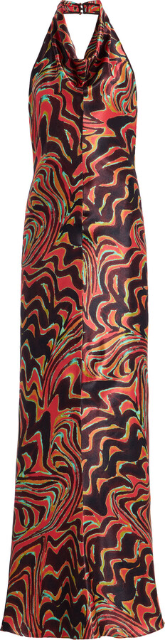 Printed Satin Cowl-Neck Halter Gown
