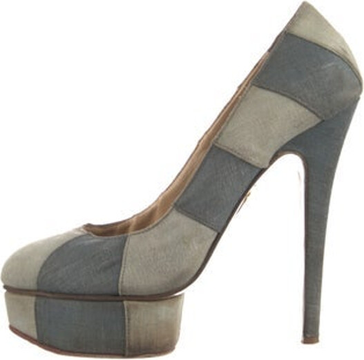 Charlotte Olympia Denim Pumps Blue Colorblock Pattern Square-Toes Platform