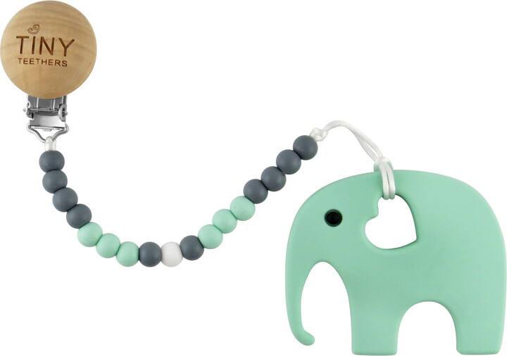Tiny Teethers Teether + Clip Collection: Mint Elephant Teether with a Pacifier Clip