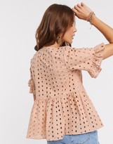 Thumbnail for your product : ASOS DESIGN broderie smock top with fluted sleeve in mink
