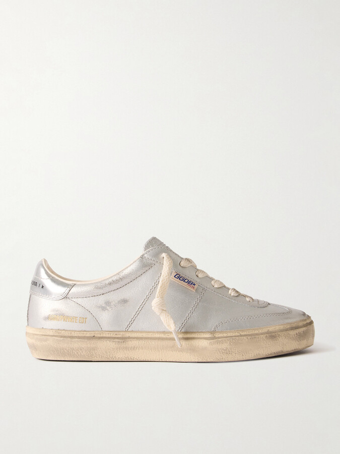 Golden Goose Soul-star Distressed Metallic Leather Sneakers - Gray