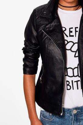 boohoo Abigail PU Biker With Quilted Shoulder Detail
