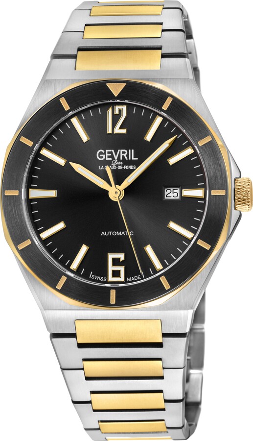 Gevril Men's High Line Automatic Watch Stainless Steel Case, Top ring in Black Sapphire Crystal, Two toned Stainless Steel IPYG Bracelet