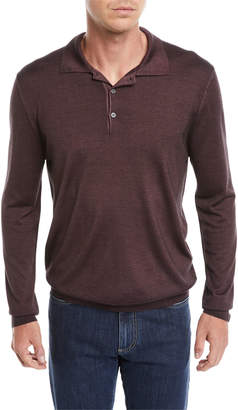 Canali Men's Long-Sleeve Wool/Silk Polo Shirt, Burgundy