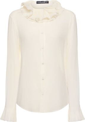 Organic cotton denim shirt with ruffled victorian collar and long