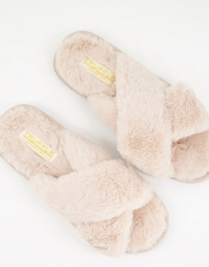 Truffle Collection fluffy cross strap slippers with chunky sole in taupe -  ShopStyle