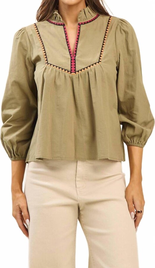ABLE Sloane Embroidered Collar Blouse In Olive