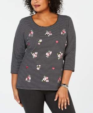 Karen Scott Plus Size Cotton Striped Embellished Top, Created for Macy's