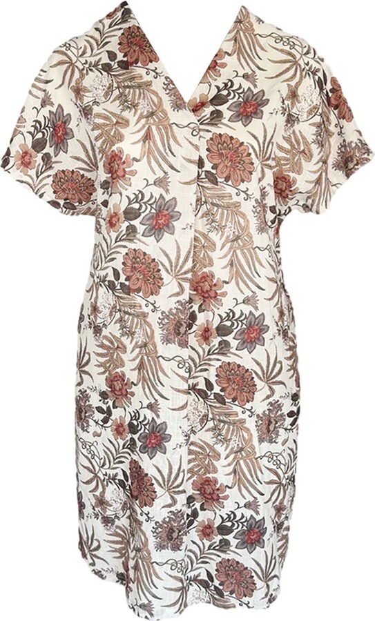 Haris Cotton White / Brown / Green Printed Linen Blend Curve Dress White Garden