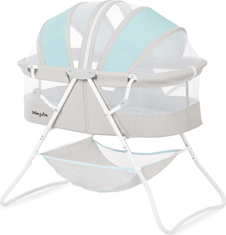Dream On Me Karley Bassinet in Blue and Grey, Quick Fold and Easy to Carry, Large Storage Basket