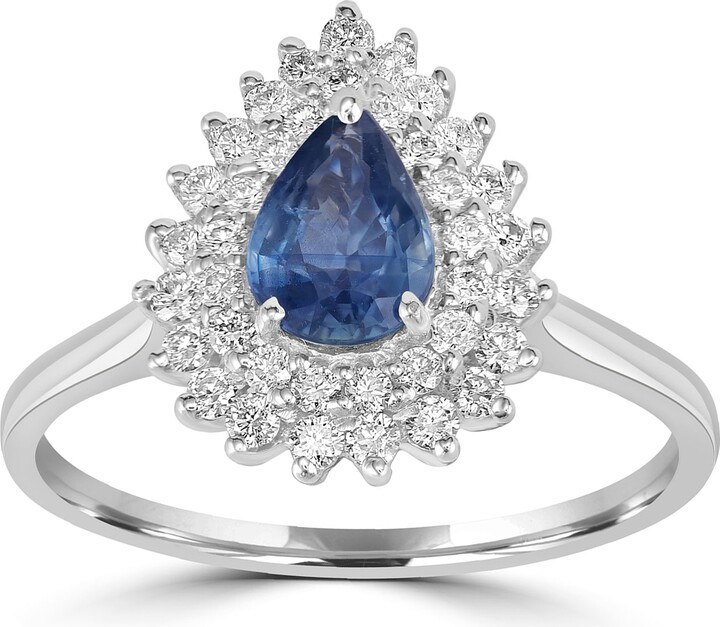 Artisan White / Blue Pear-Cut Blue Sapphire & Diamond Halo Ring In 18K White Gold