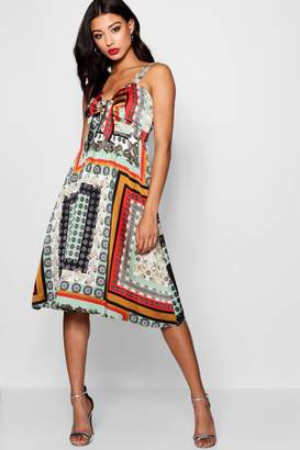 boohoo Scarf Print Bow Front Skater Dress