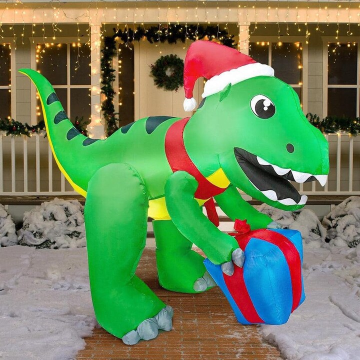 Joyfy 5 ft. Tall x 3 ft. W, Green, Red and Blue Plastic Christmas Dinosaur with Hat Inflatable