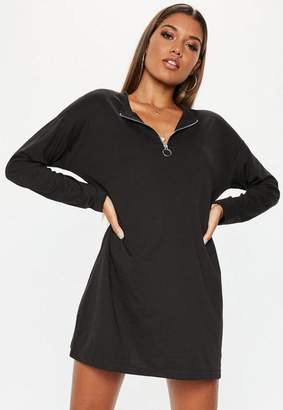 Missguided Black Oversized Zip Front Long Sleeve T-Shirt Dress, Black