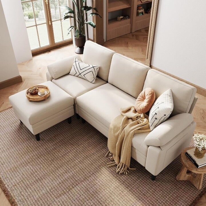 LINSY HOME 82" Reversible Sectional Sofa Couch, 3 Seater L -Shaped Sofa with Ottoman, Comfy Sectional Couch with Storage Bag & S