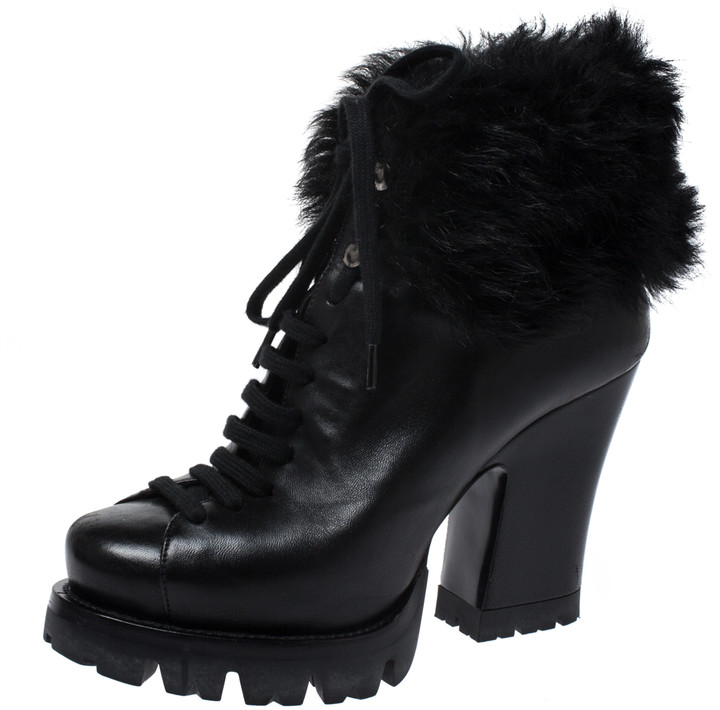 Prada Black Fur Ankle Lace Up Platform Boots Size 37 - ShopStyle