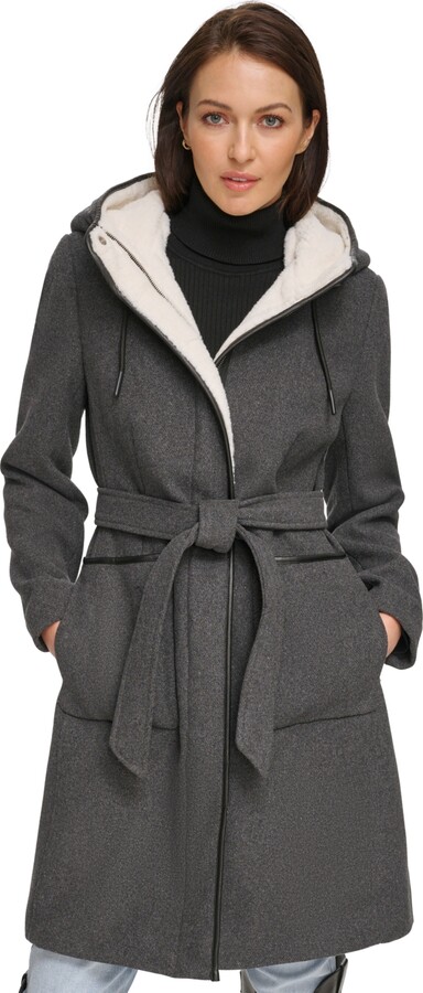 DKNY Women's Faux-Fur Hooded Belted Coat - ShopStyle