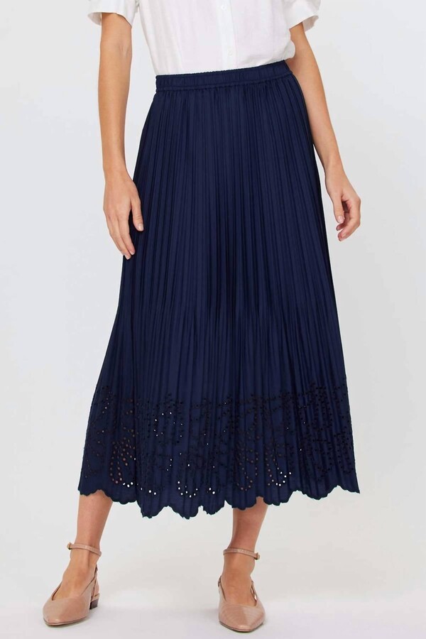 Gild Pleated Eyelet Midi Skirt In Navy