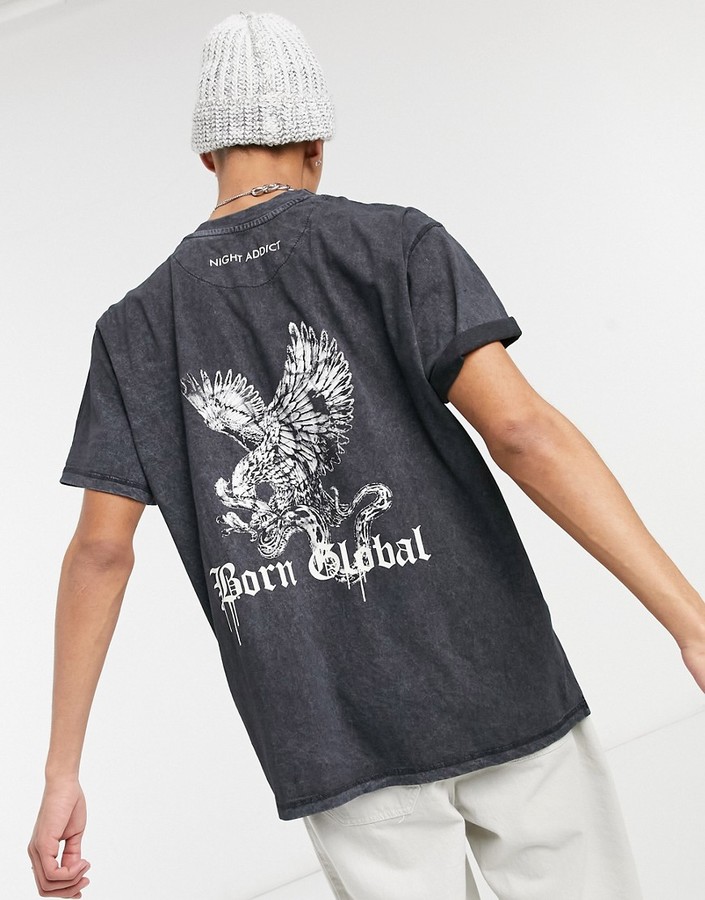 Night Addict eagle back print T-shirt in black acid wash - ShopStyle