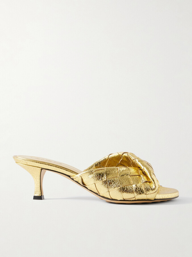 Bottega Veneta Blink Twisted Intrecciato Metallic Leather Mules - Gold
