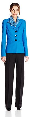 Le Suit Women's 3 Button Notch Collar Crepe Jacket and Pant with Scarf Suit Set