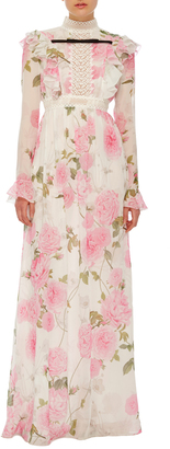 Giambattista Valli Georgette Rose Printed Ruffled Maxi Dress