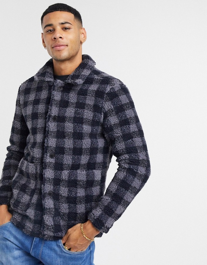 French Connection sherpa jacket in dark gray plaid - ShopStyle Outerwear