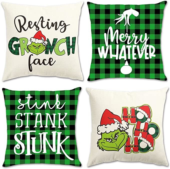 The Grinch Christmas Decor Grinch Pillow Covers 18x18 Set of 4 Grinch Face Buffalo Plaid Throw Pillow Covers Holiday Party Cushion Case for Couch Sofa