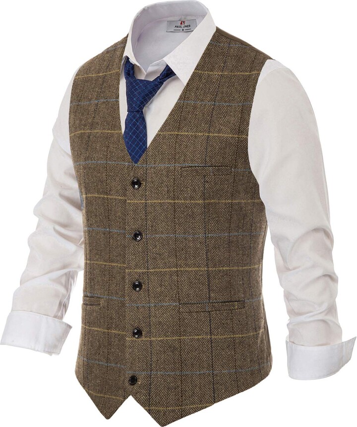 PJ PAUL JONES Men's Herringbone Tweed Suit Vest Casual Wool Blend ...