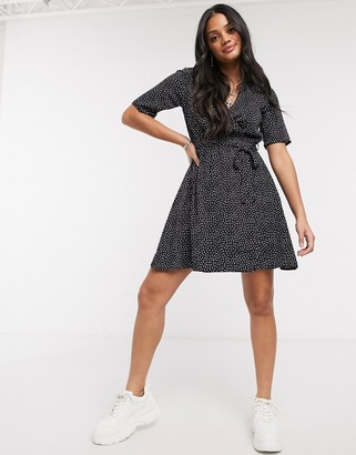 Influence wrap dress with tie sleeve in lilac spot print