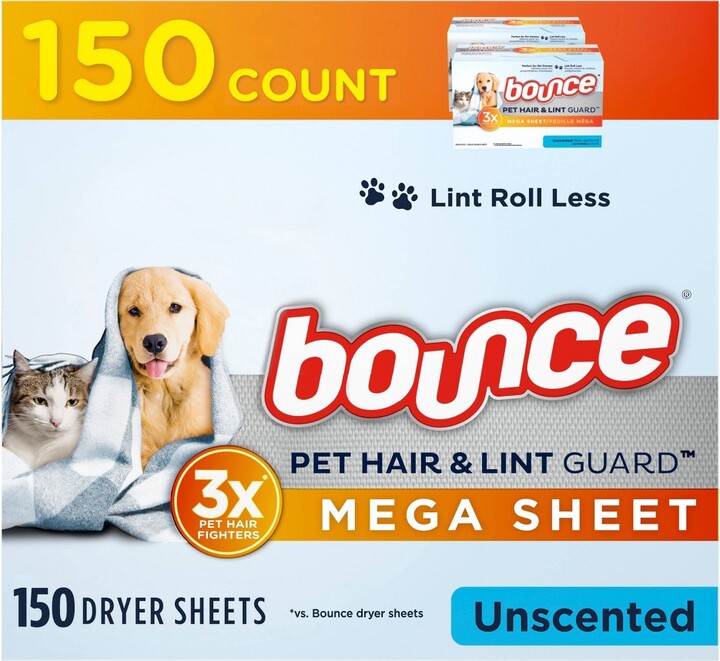Bounce Pet Hair and Lint Guard Mega Dryer Sheets Unscented 150ct